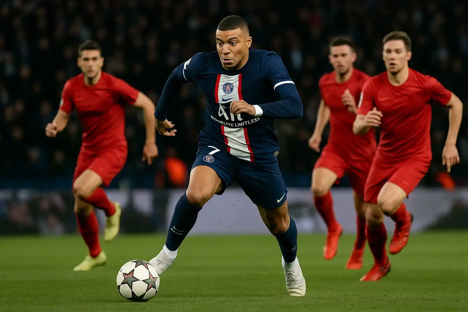 Kylian Mbappe bứt tốc vượt qua hàng thủ đối phương